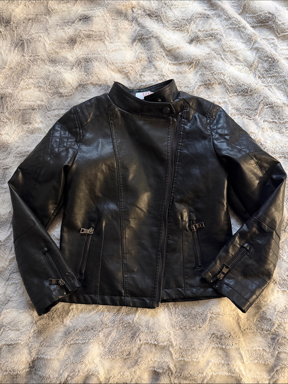 Classic Black Faux Leather Moto Jacket with Quilted Accents